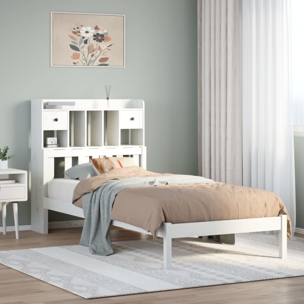 Säng med bokhylla utan madrass vit 90x200cm massiv furu