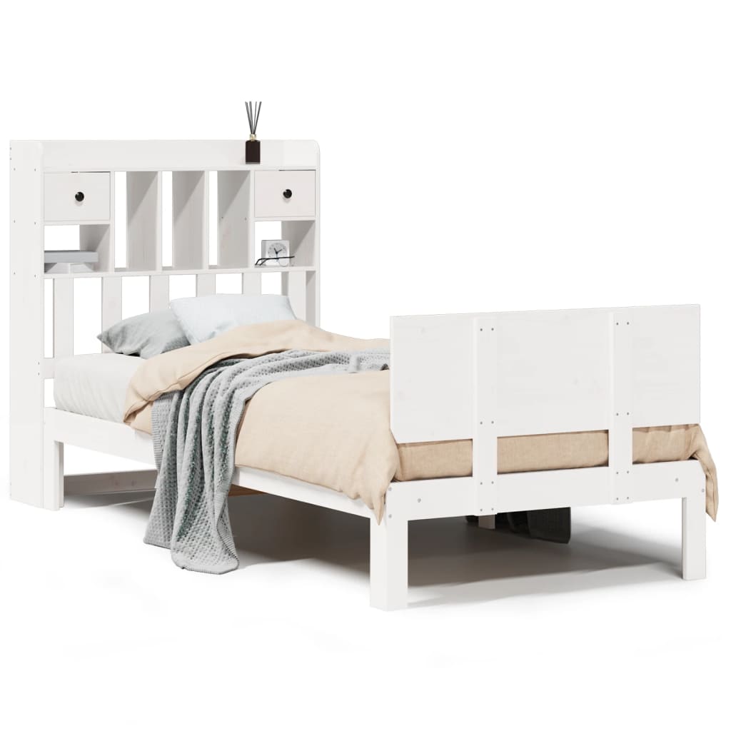 Säng med bokhylla utan madrass vit 90x200cm massiv furu