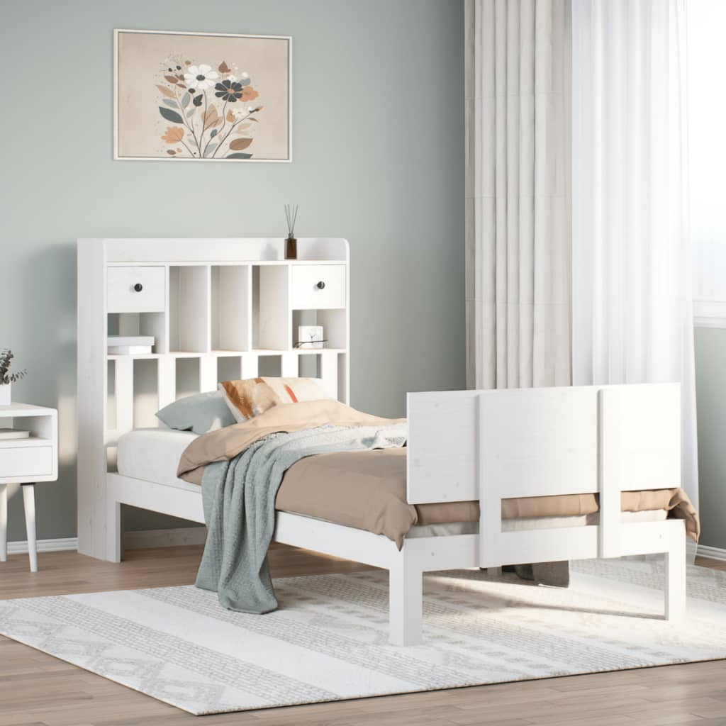 Säng med bokhylla utan madrass vit 90x200cm massiv furu