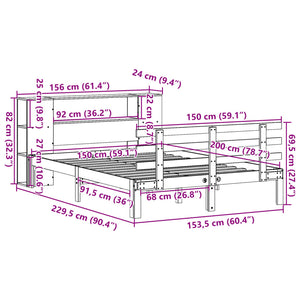 Säng med bokhylla utan madrass vit 150x200cm massiv furu