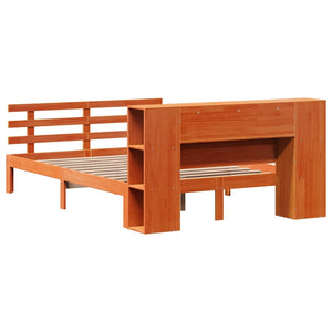 Säng med bokhylla utan madrass vaxbrun 140x190cm massiv furu