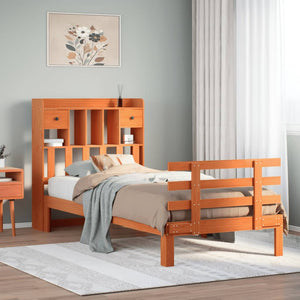 Säng med bokhylla utan madrass vaxbrun 75x190 cm massiv furu