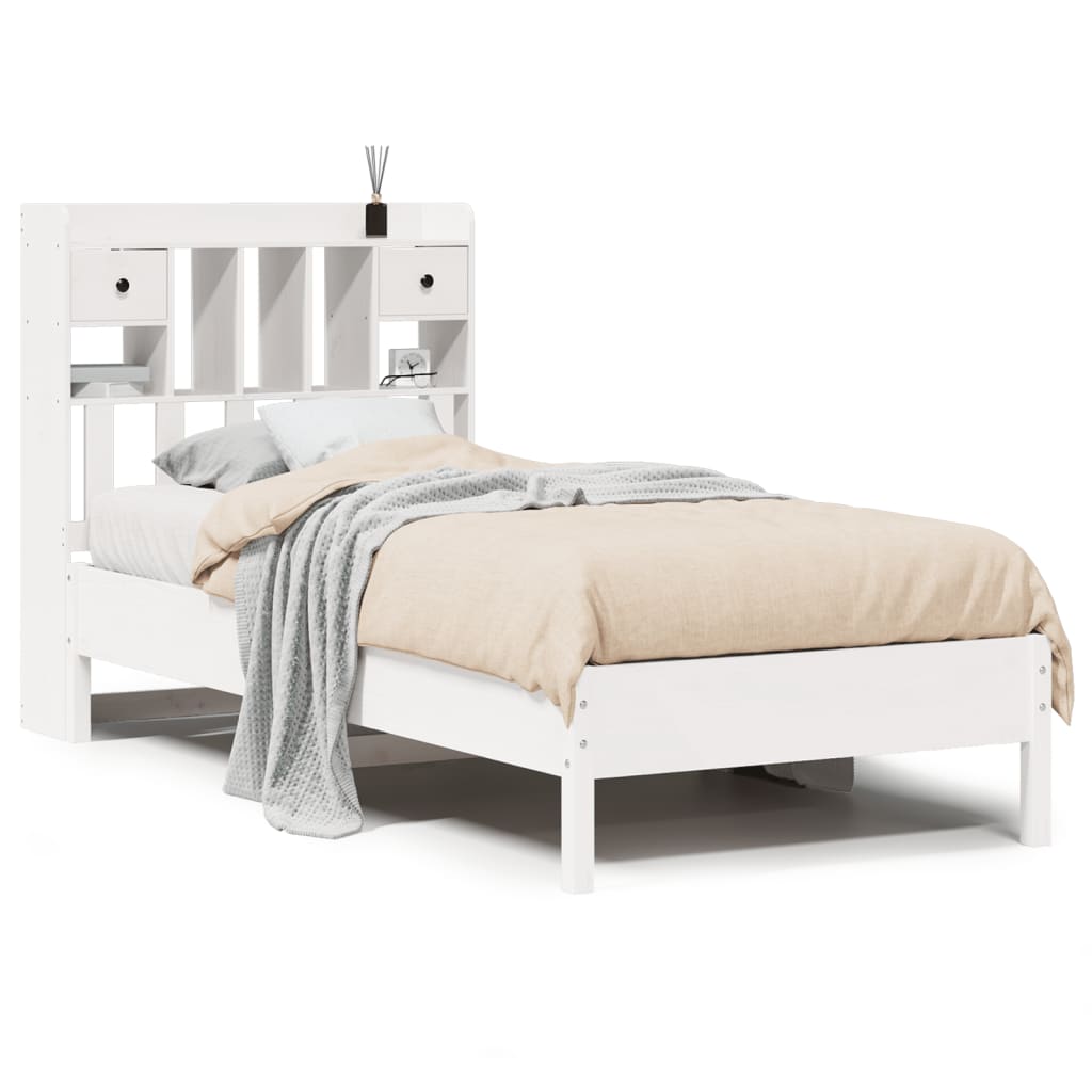 Säng med bokhylla utan madrass vit 90x190cm massiv furu