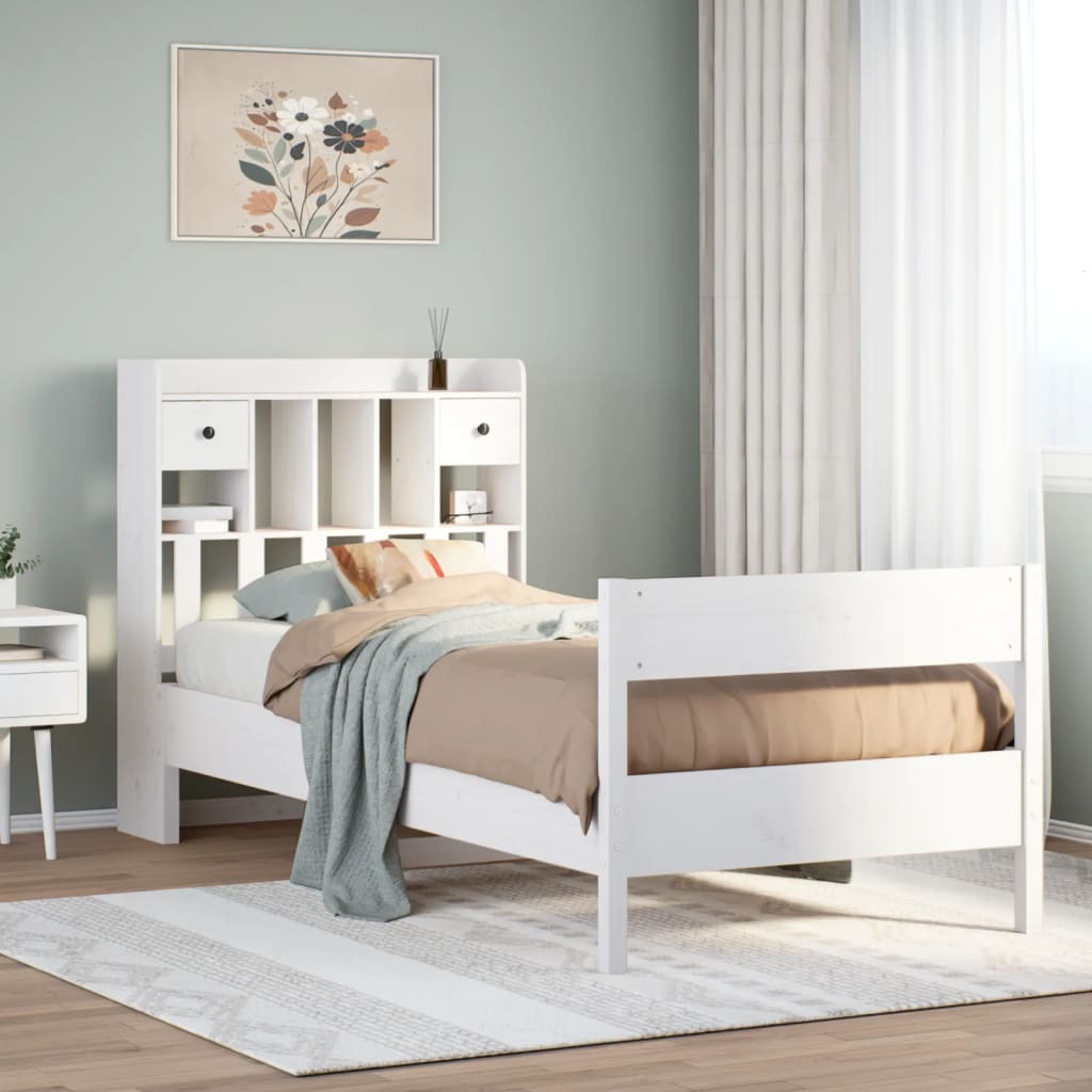 Säng med bokhylla utan madrass vit 90x200cm massiv furu