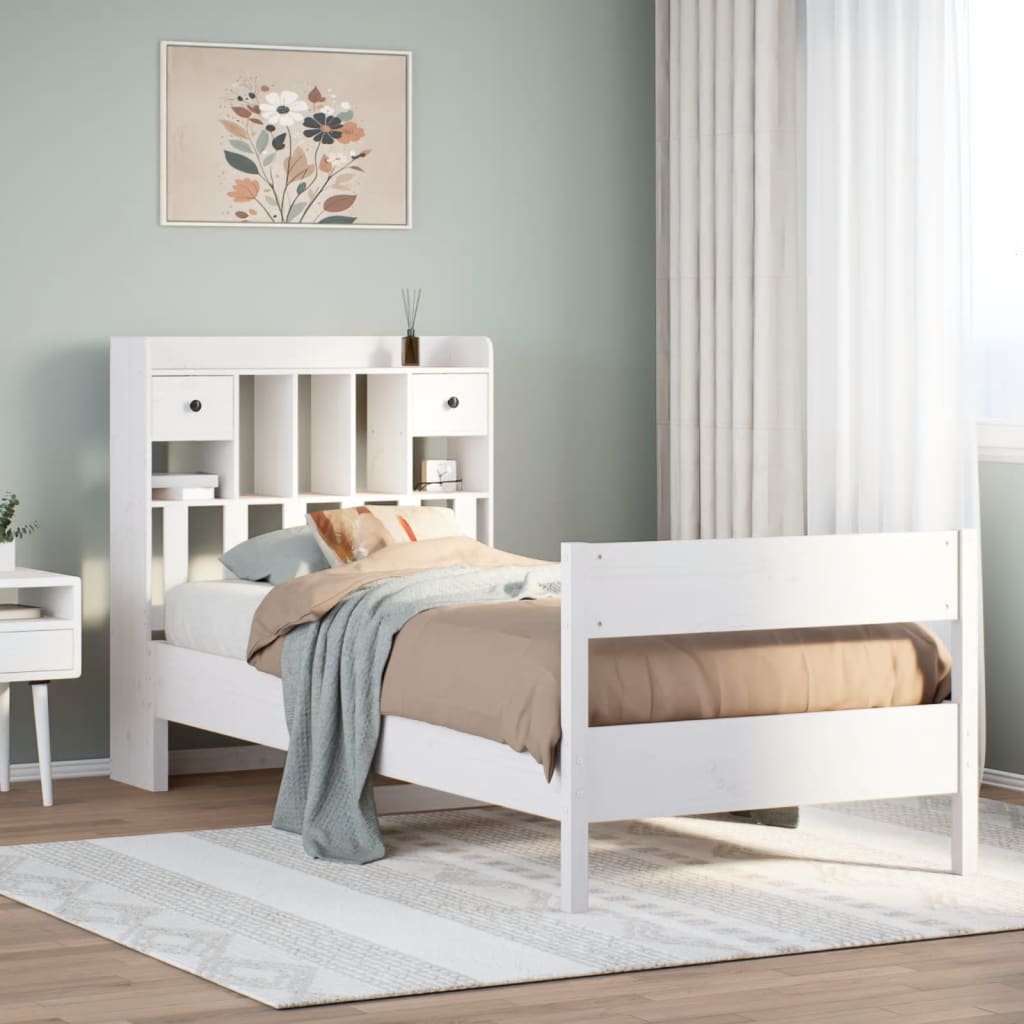 Säng med bokhylla utan madrass vit 90x190cm massiv furu
