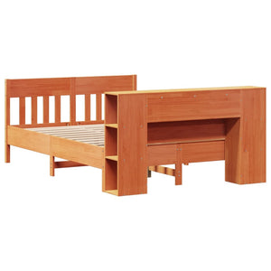 Säng med bokhylla utan madrass vaxbrun 135x190cm massiv furu