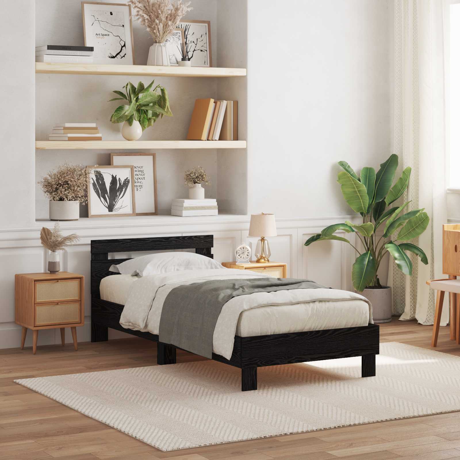 Sängram med huvudgavel Svart Ek 90 x 200 cm Konstruerat trä