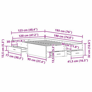 Sängram med låda Gammalt trä 120 x 190 cm Konstruerat trä