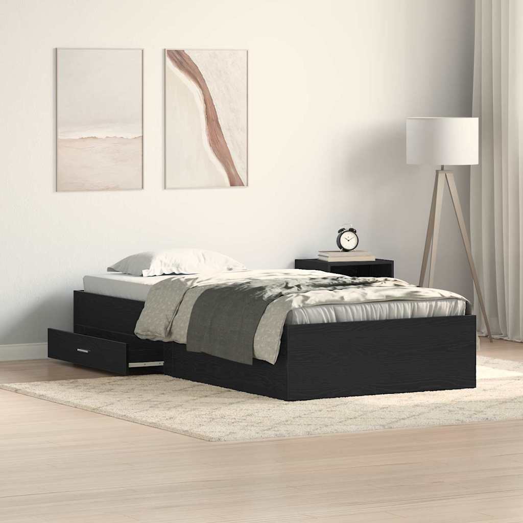 Sängram med låda Svart Ek 90 x 200 cm Konstruerat trä