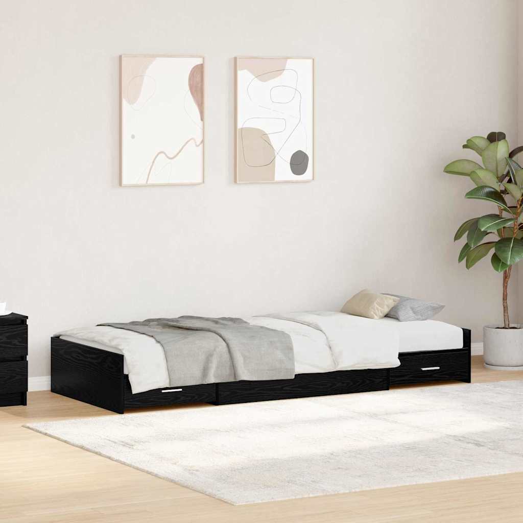 Sängram med låda med dörr Svart Ek 90 x 190 cm Konstruerat trä