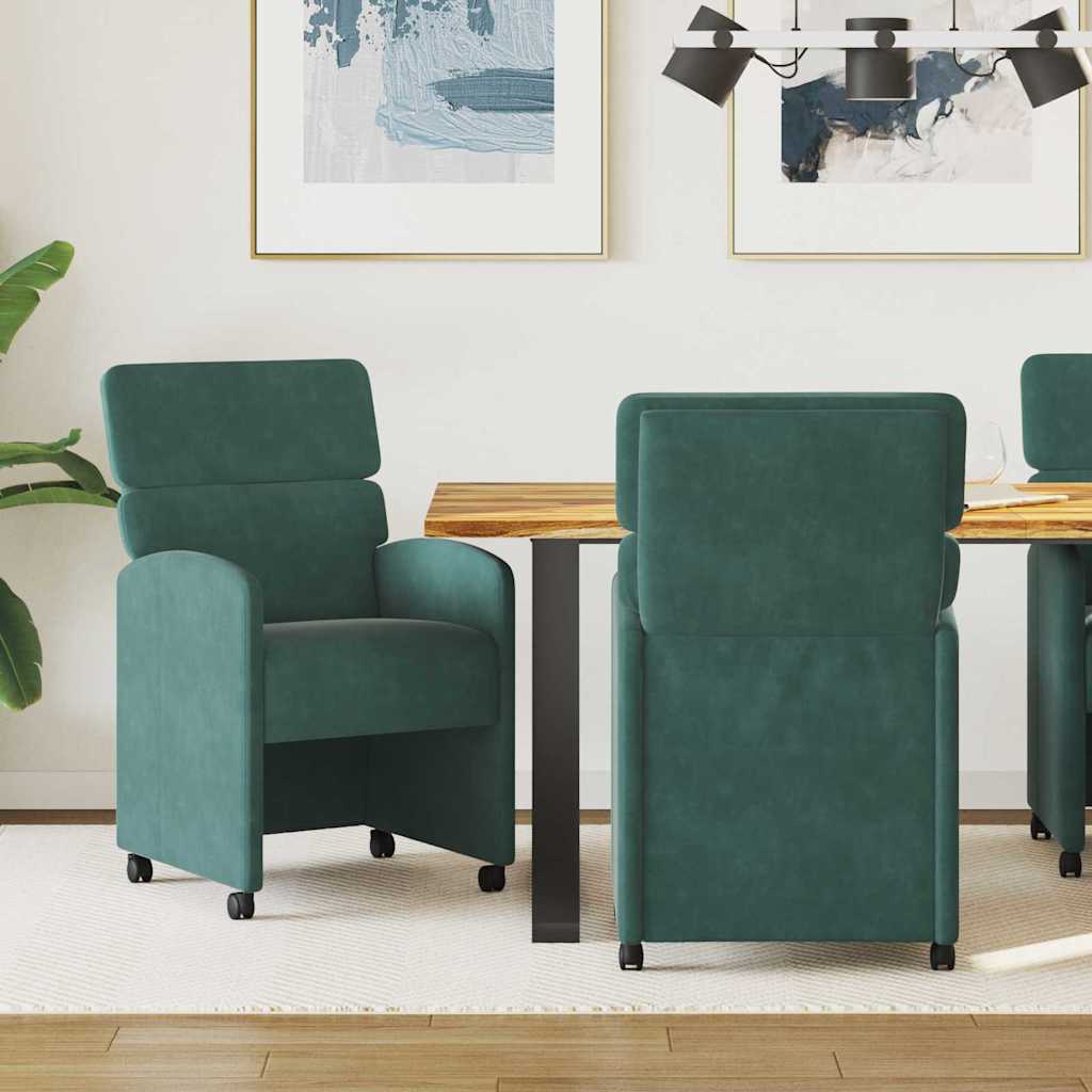 Matstolar med hjul 2 st Sammet Mörkgrön 58 x 65 x 98 cm