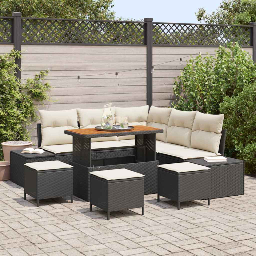 Trädgårdsoffset med kudde med lagring 9 pcs Svart Poly rattan