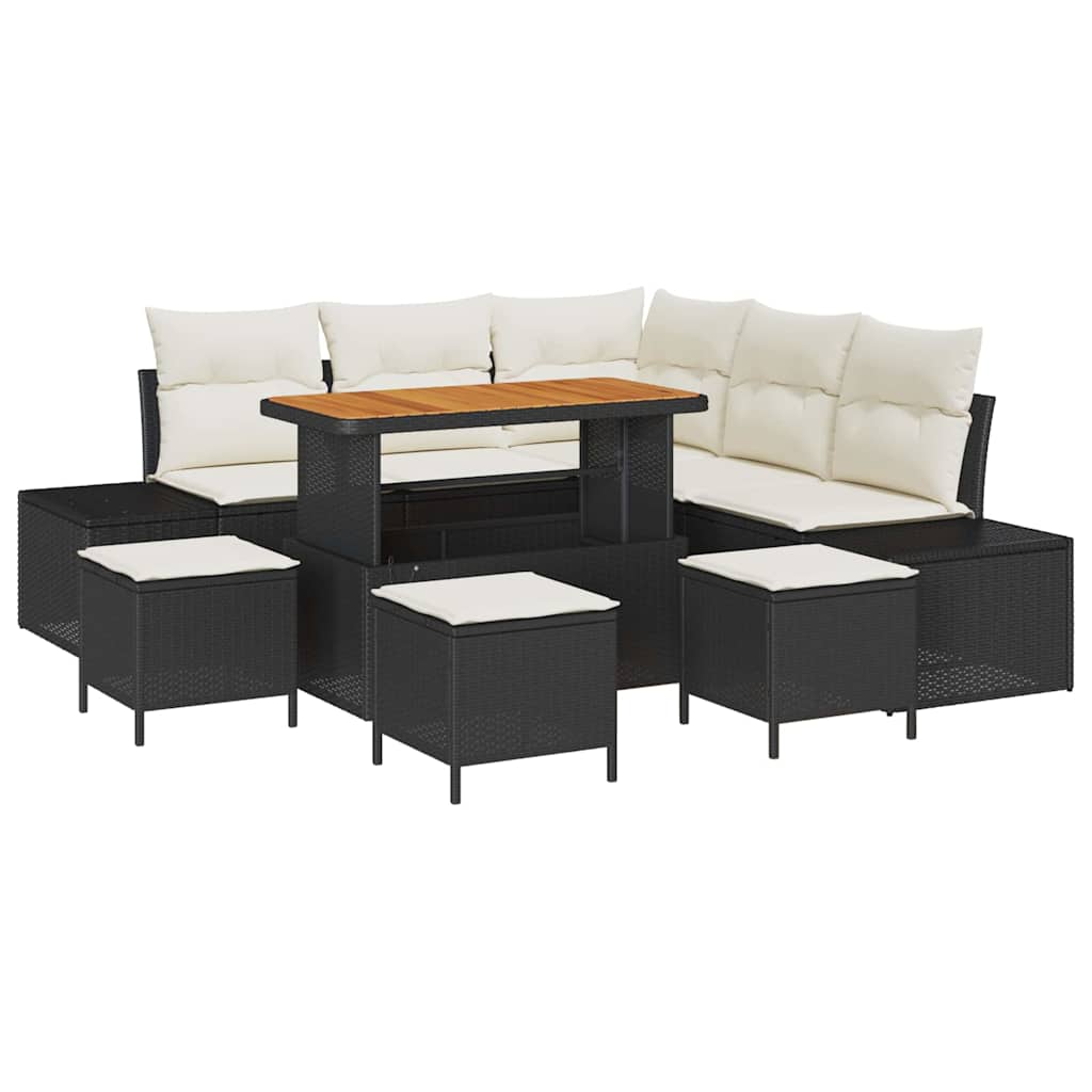 Trädgårdsoffset med kudde med lagring 9 pcs Svart Poly rattan