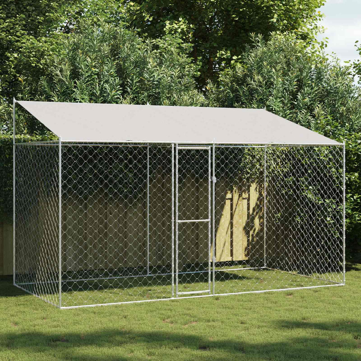 Hundbur med tak Silver 400 x 200 x 256 cm Stål och PE