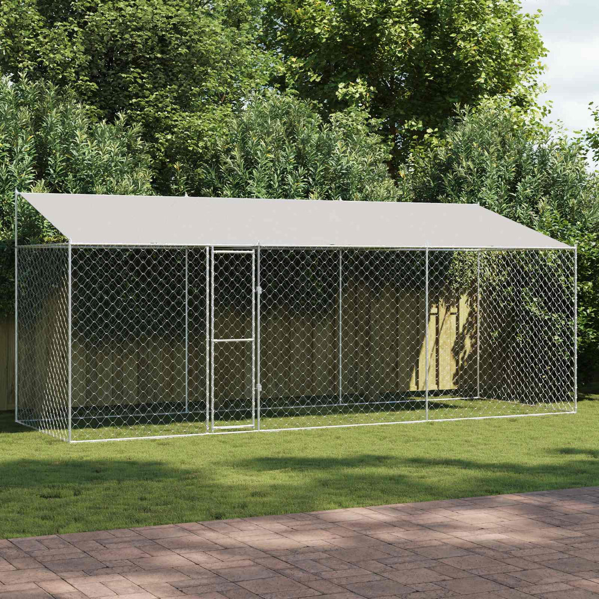 Hundbur med tak Silver 600 x 200 x 256 cm Stål och PE