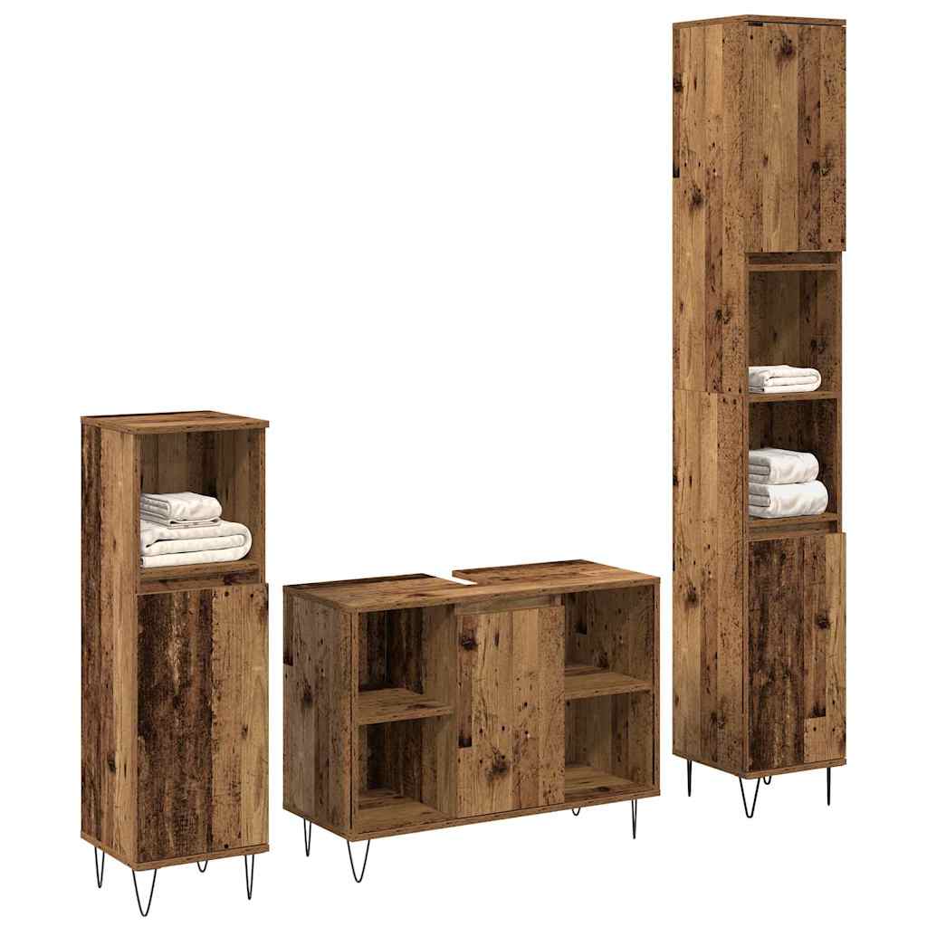 Badrumsmöbelset med hylla 3 pcs Gammalt trä Konstruerat trä