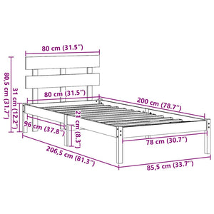 Sängram med huvudgavel Vit 80 x 200 cm Massivt tallträ