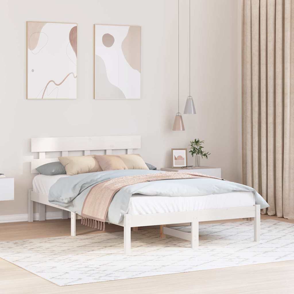 Sängram med huvudgavel Vit 140 x 190 cm Massivt tallträ