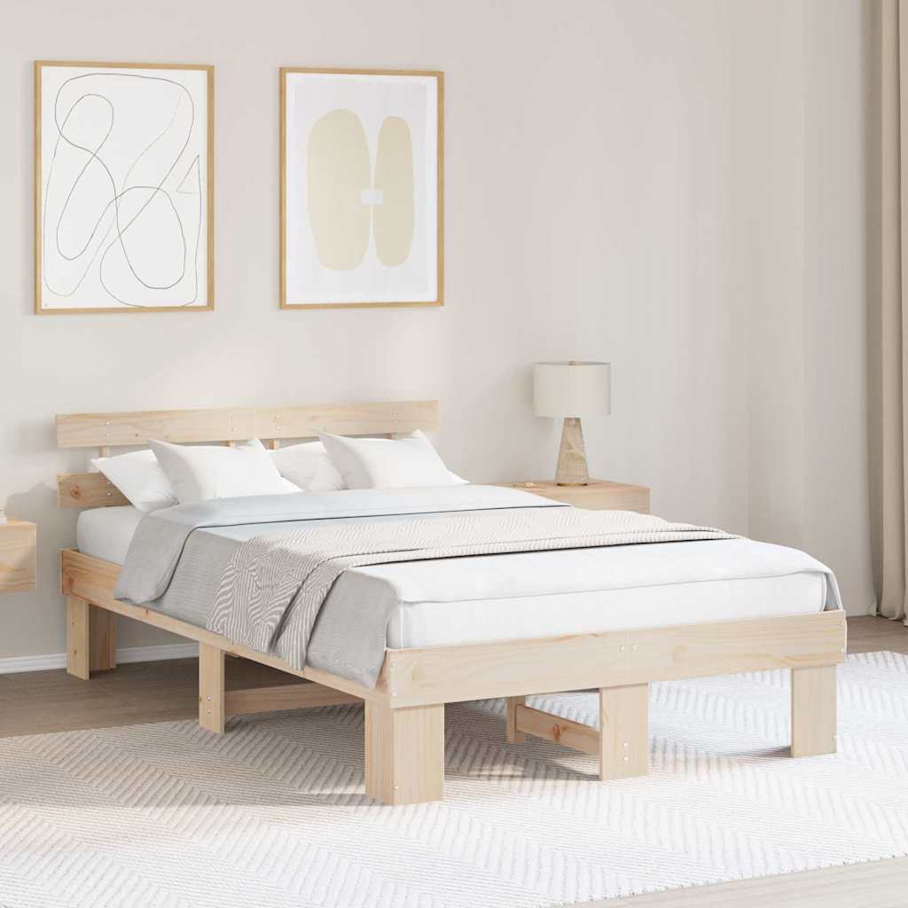 Sängram med huvudgavel Naturfärg 135 x 190 cm Massiv furu