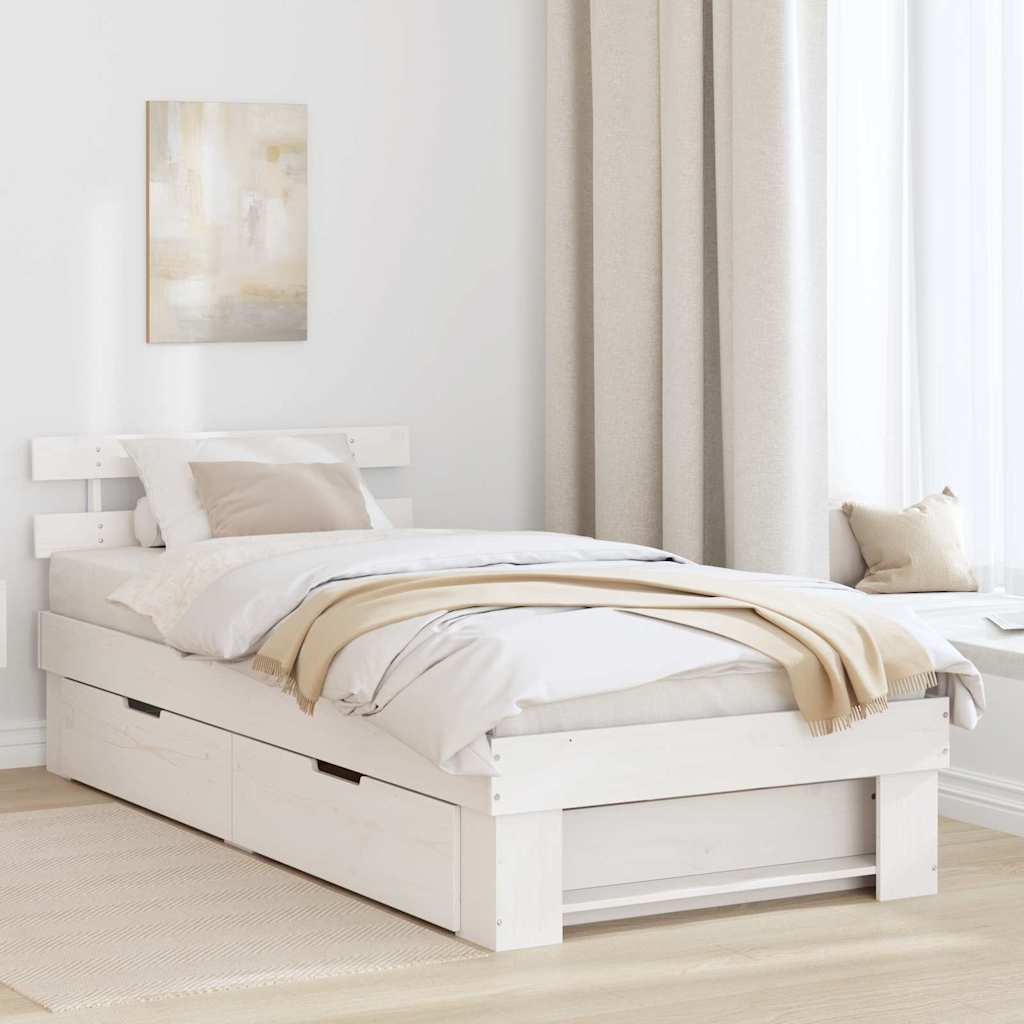 Sängram med huvudgavel med låda Vit 90 x 190 cm Massiv furu