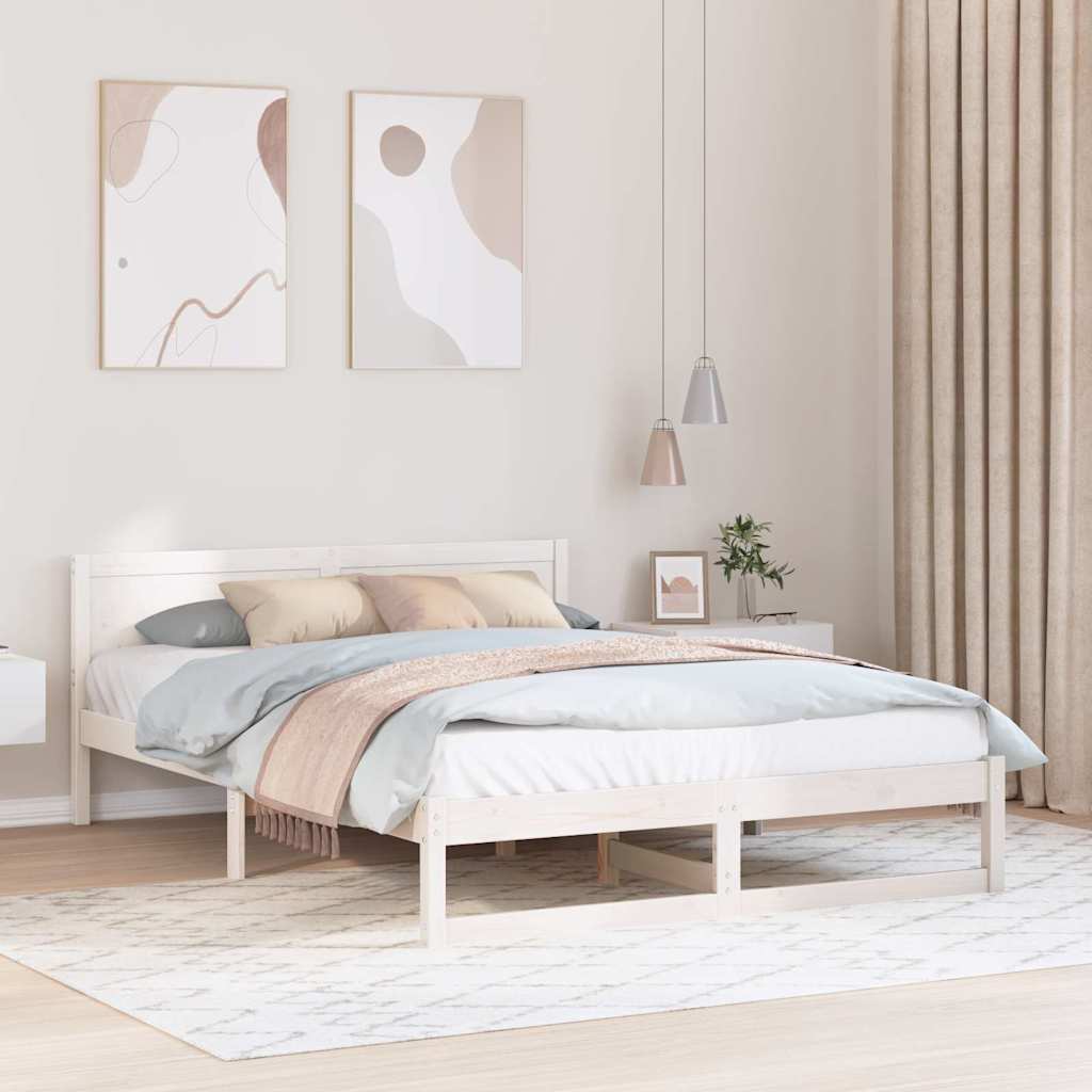 Sängram med huvudgavel Vit 150 x 200 cm Massiv furu