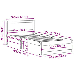 Sängram med huvudgavel Naturfärg 75 x 190 cm Massiv furu