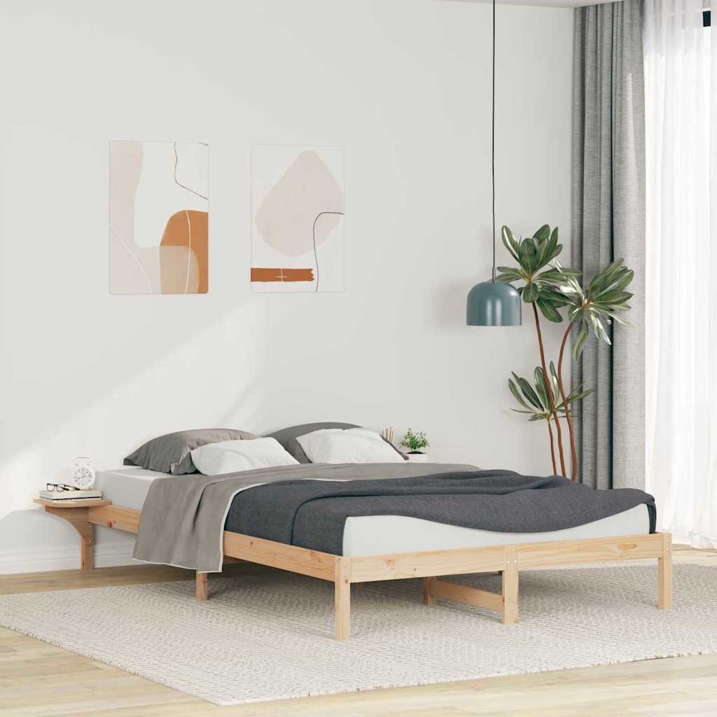 Sängram med sidobord Naturfärg 140 x 220 cm Massiv furu