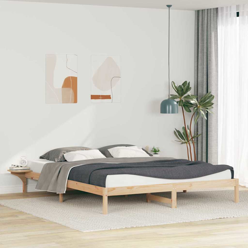 Sängram med sidobord Naturfärg 180 x 220 cm Massiv furu