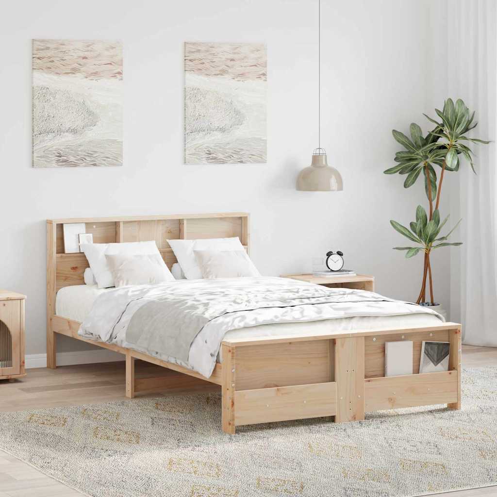 Sängram med hylla med huvudgavel Brun 140 x 190 cm Massivt furu