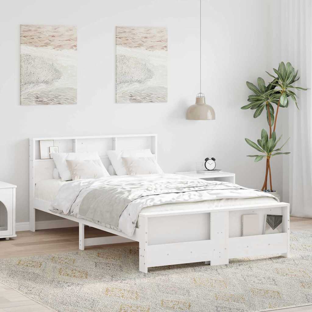 Sängram med hylla med huvudgavel Vit 120 x 190 cm Massivt furu