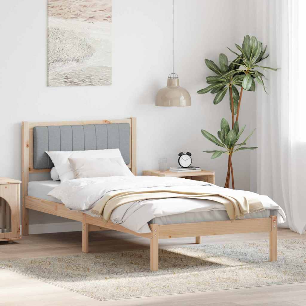 Sängram med Klädd Huvudgavel Ljusgrå 90 x 190 cm Massiv furu