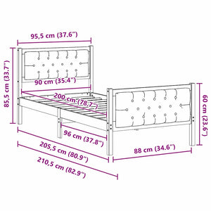 Sängram med huvudgavel Mörkgrå 90 x 200 cm Massiv furu