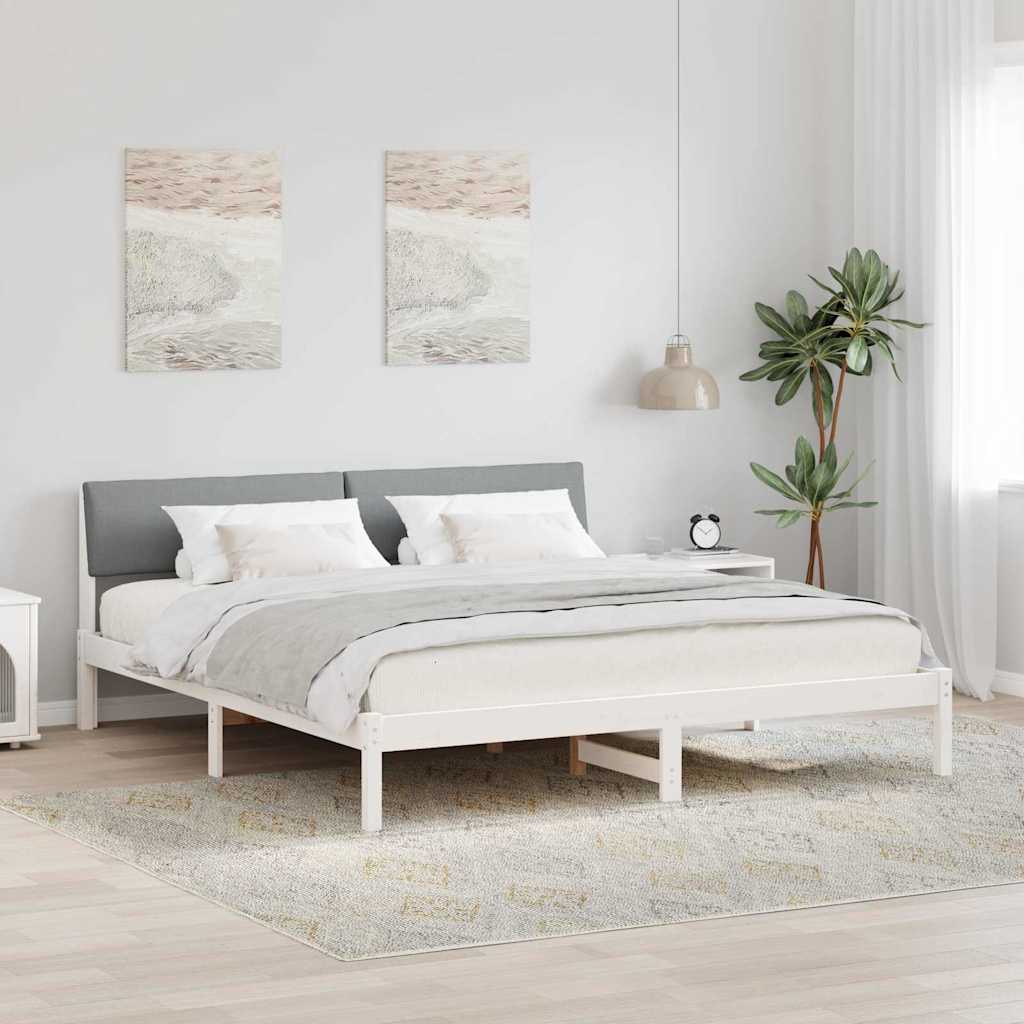 Sängram med huvudgavel Vit och ljusgrå 200 x 200 cm Massiv furu