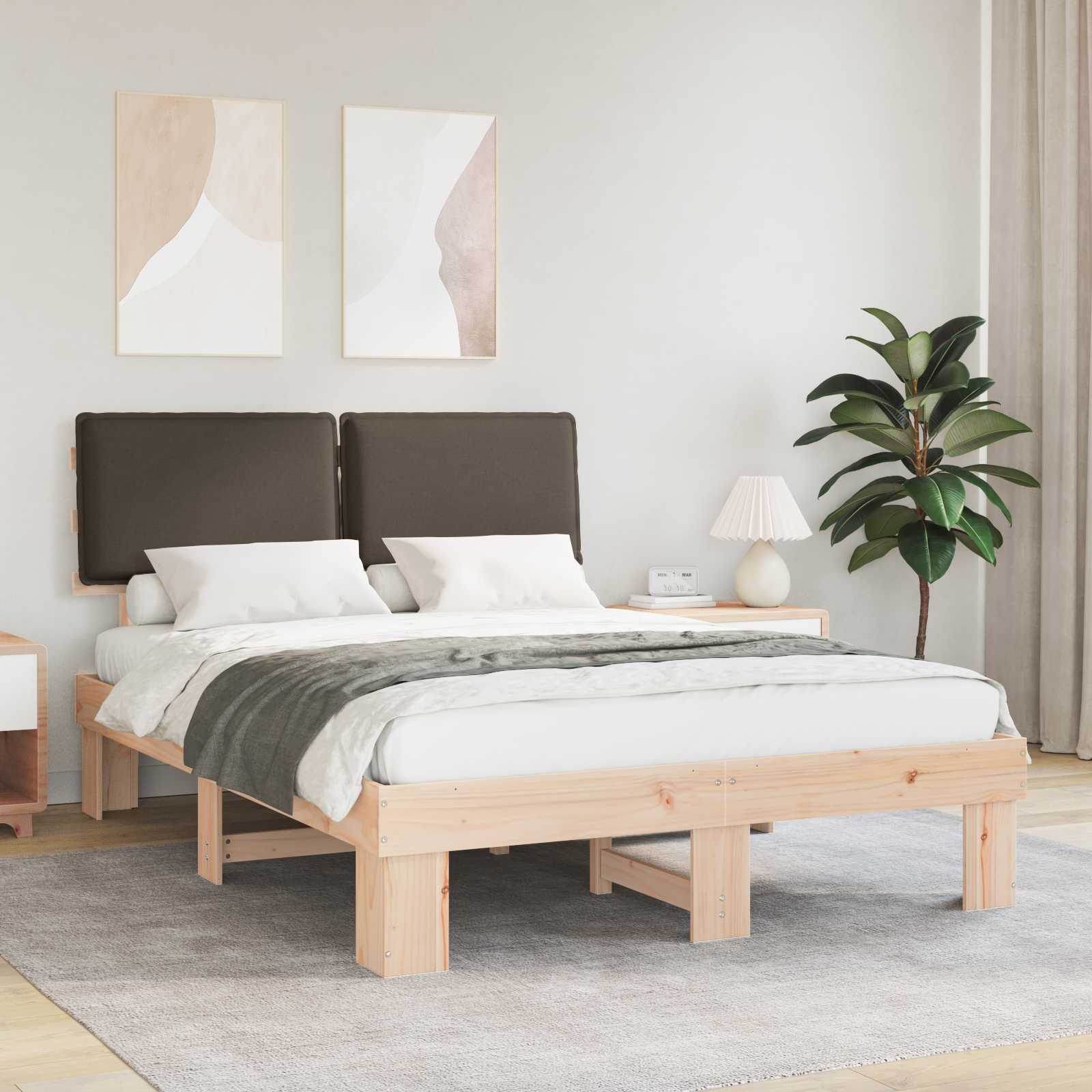 Sängram med Klädd Huvudgavel Taupe 140 x 190 cm Massiv furu