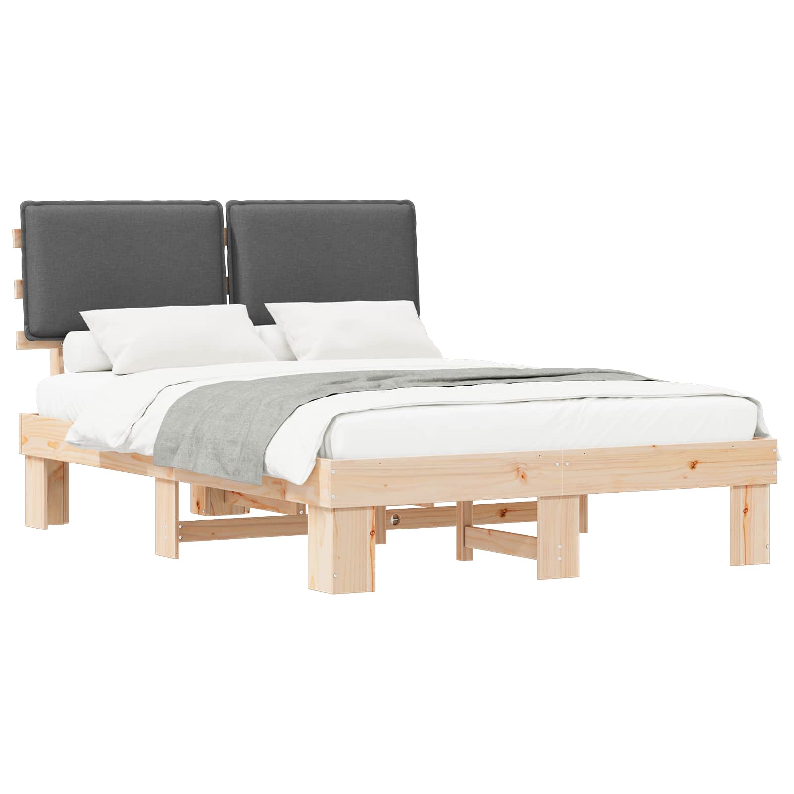 Sängram med Klädd Huvudgavel Mörkgrå 135 x 190 cm Massiv furu