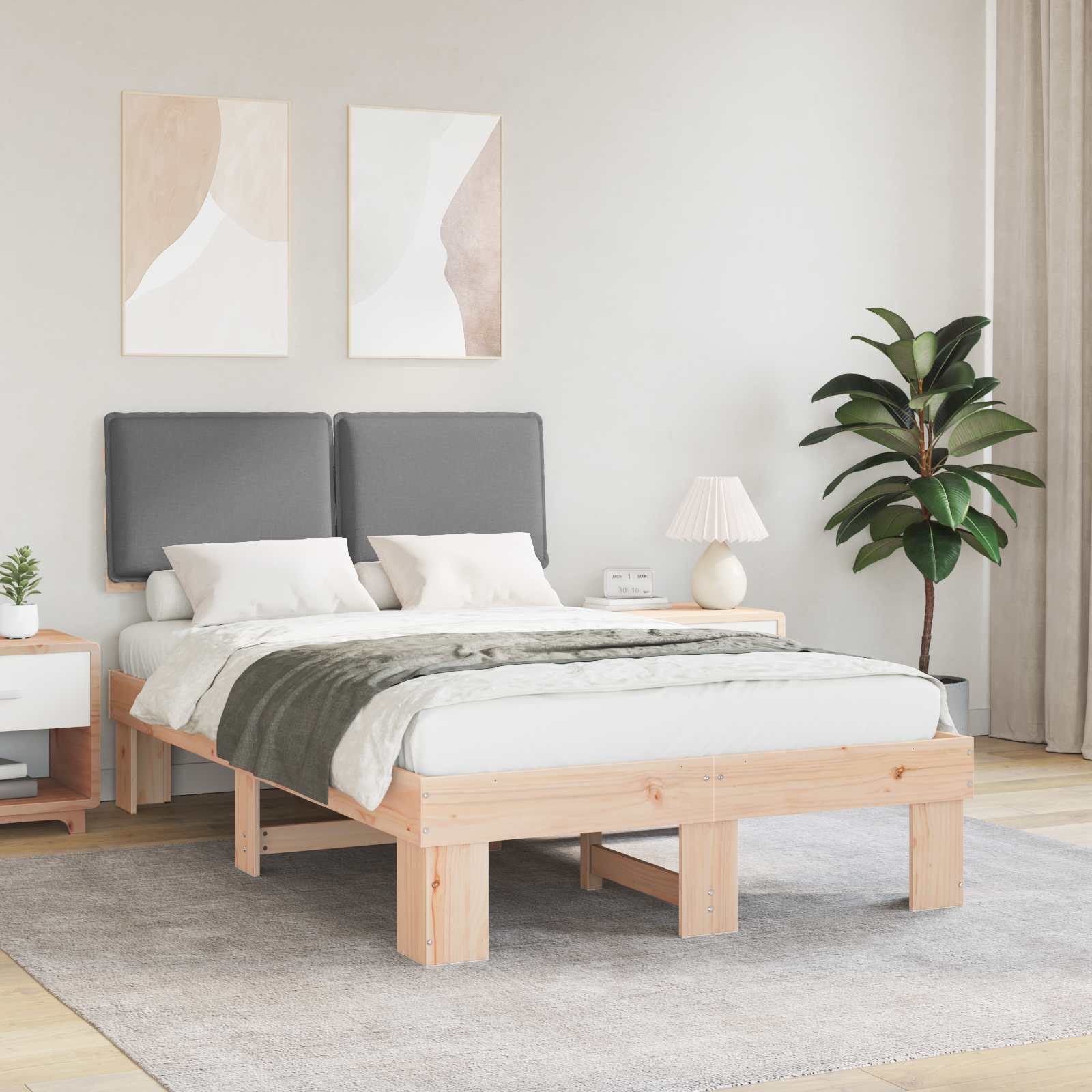 Sängram med Klädd Huvudgavel Ljusgrå 120 x 190 cm Massiv furu