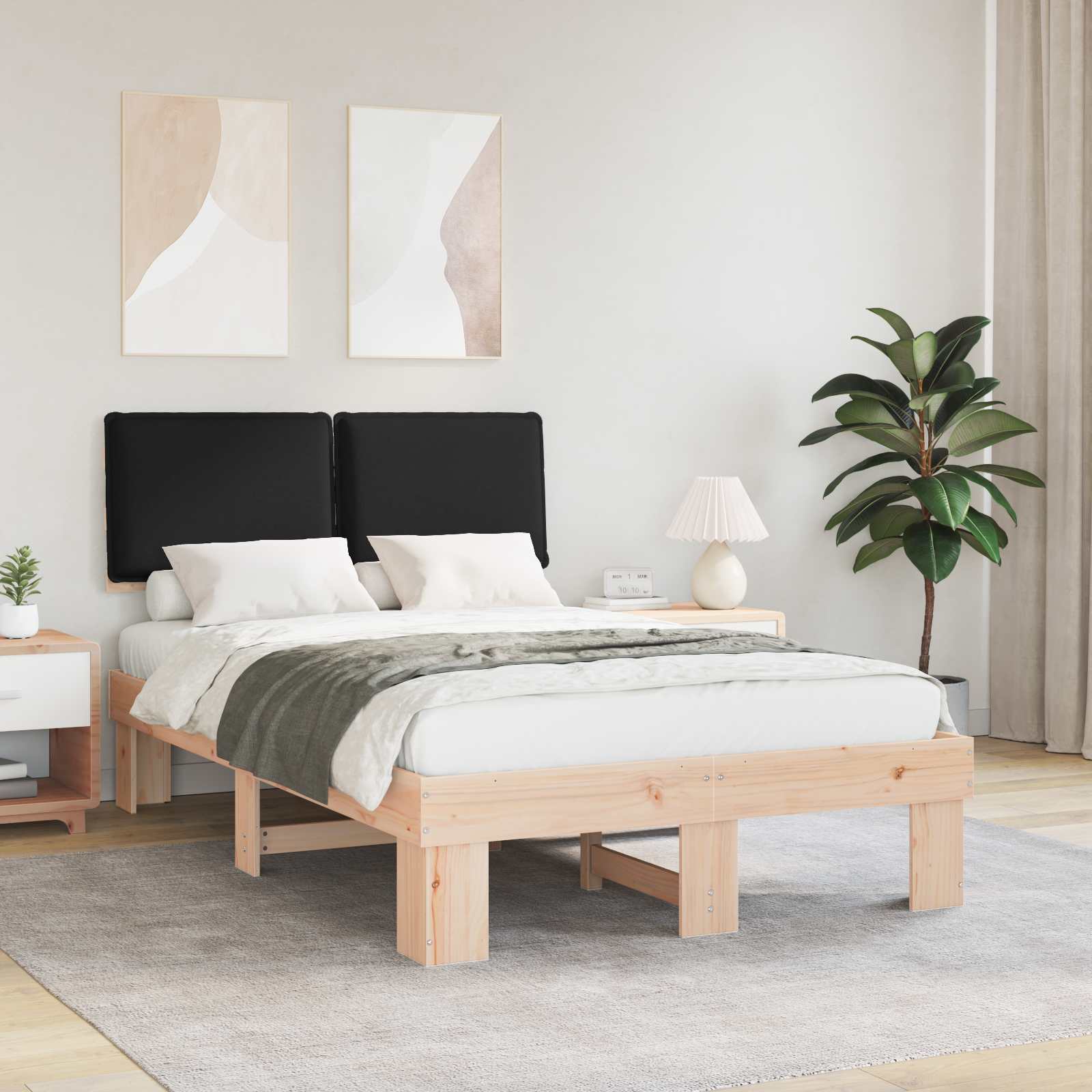 Sängram med Klädd Huvudgavel Svart 120 x 190 cm Massiv furu