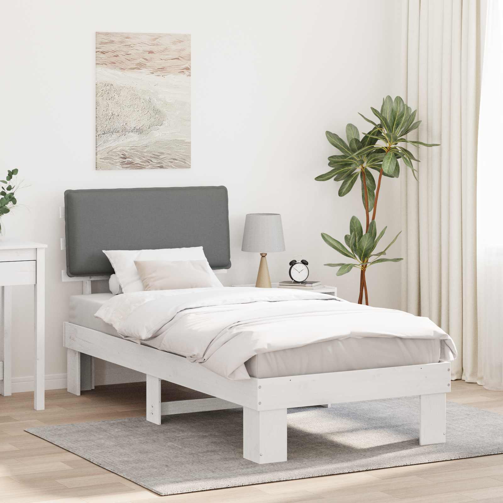 Sängram med Klädd Huvudgavel Ljusgrå 90 x 200 cm Massiv furu