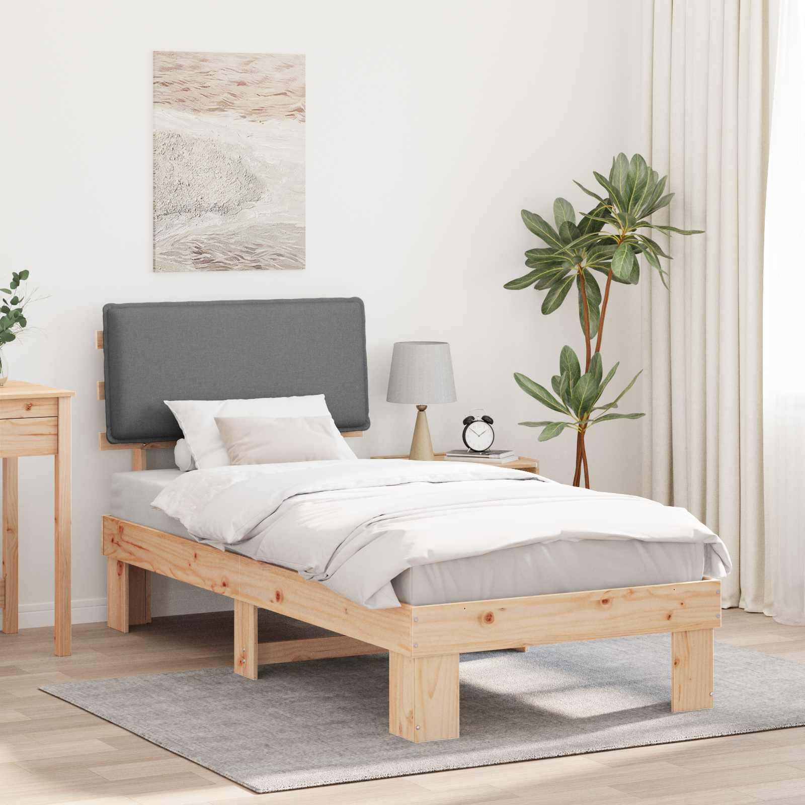 Sängram med Klädd Huvudgavel Ljusgrå 75 x 190 cm Massiv furu