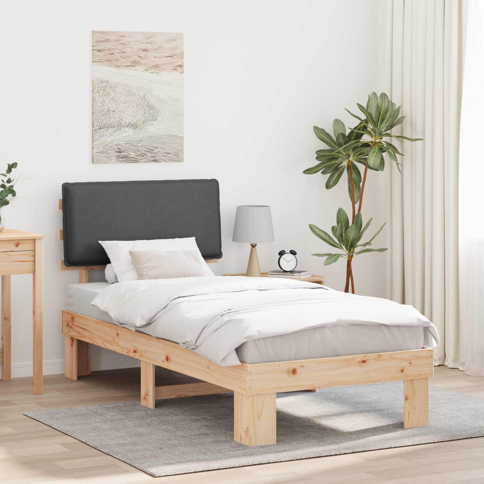 Sängram med Klädd Huvudgavel Mörkgrå 75 x 190 cm Massiv furu
