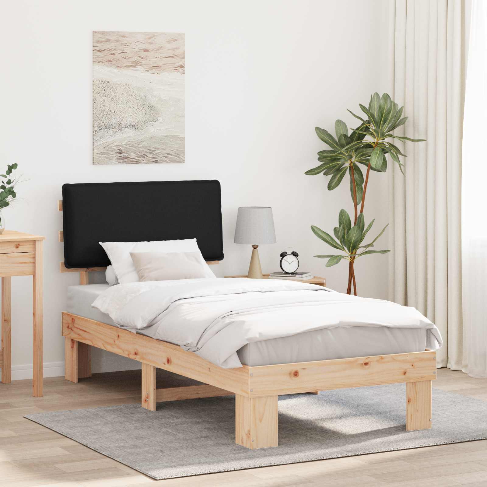Sängram med Klädd Huvudgavel Svart 75 x 190 cm Massiv furu