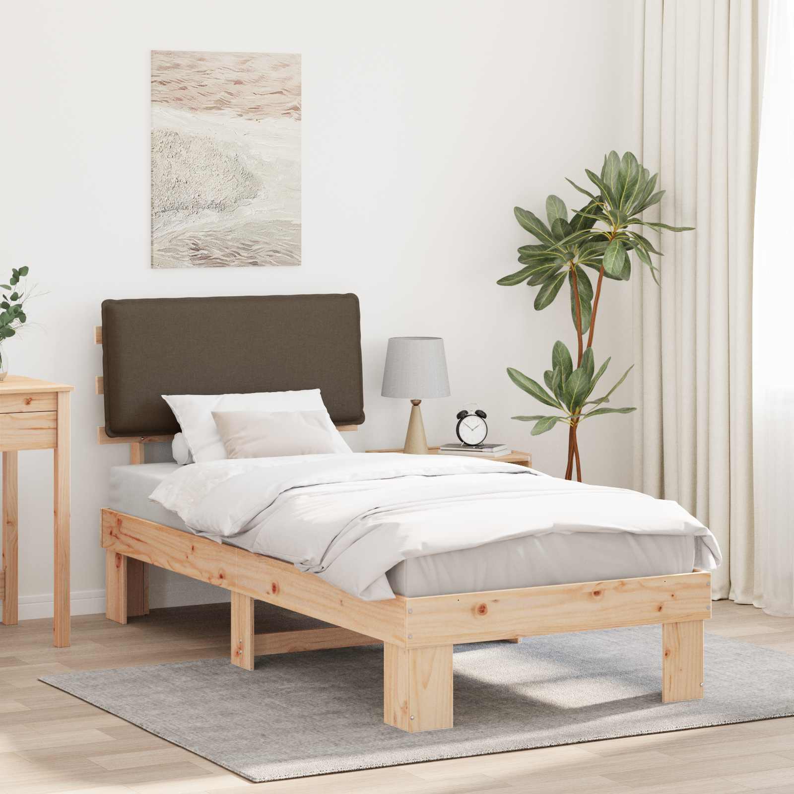 Sängram med Klädd Huvudgavel Taupe 75 x 190 cm Massiv furu