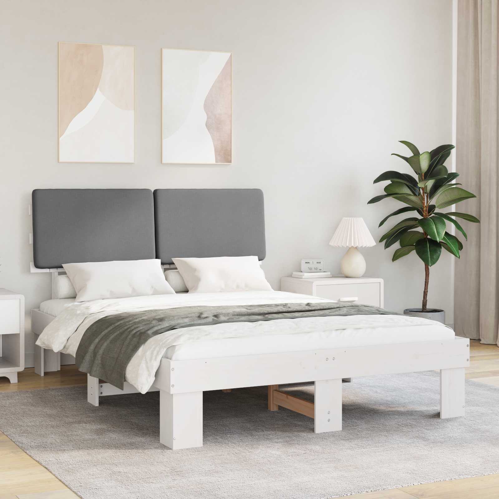Sängram med Klädd Huvudgavel Ljusgrå 150 x 200 cm Massiv furu