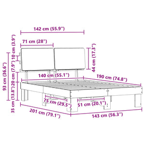 Sängram med Klädd Huvudgavel Ljusgrå 140 x 190 cm Massiv furu