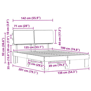 Sängram med Klädd Huvudgavel Ljusgrå 135 x 190 cm Massiv furu