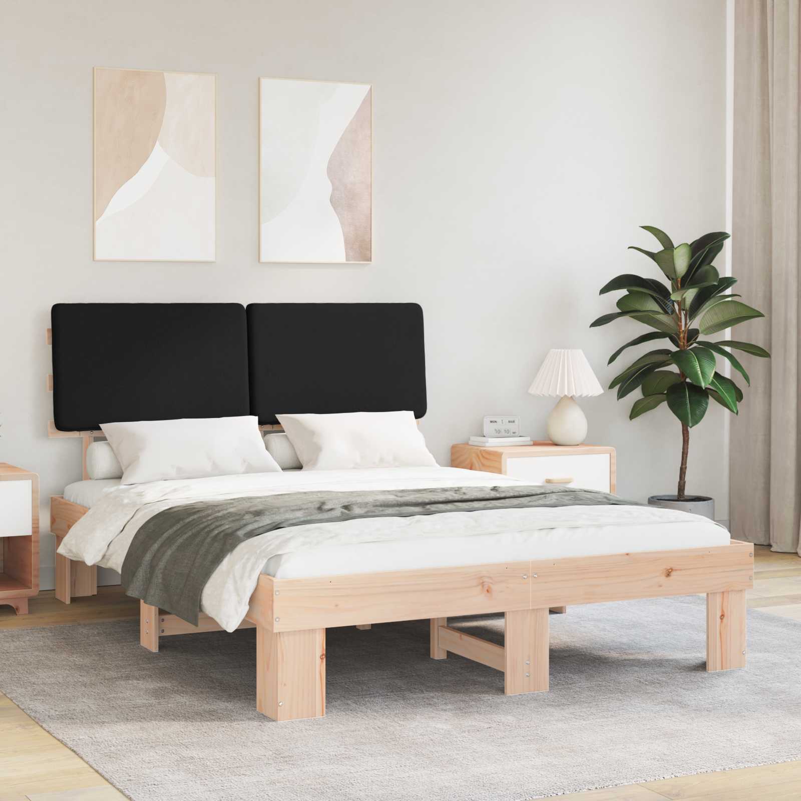 Sängram med Klädd Huvudgavel Svart 135 x 190 cm Massiv furu