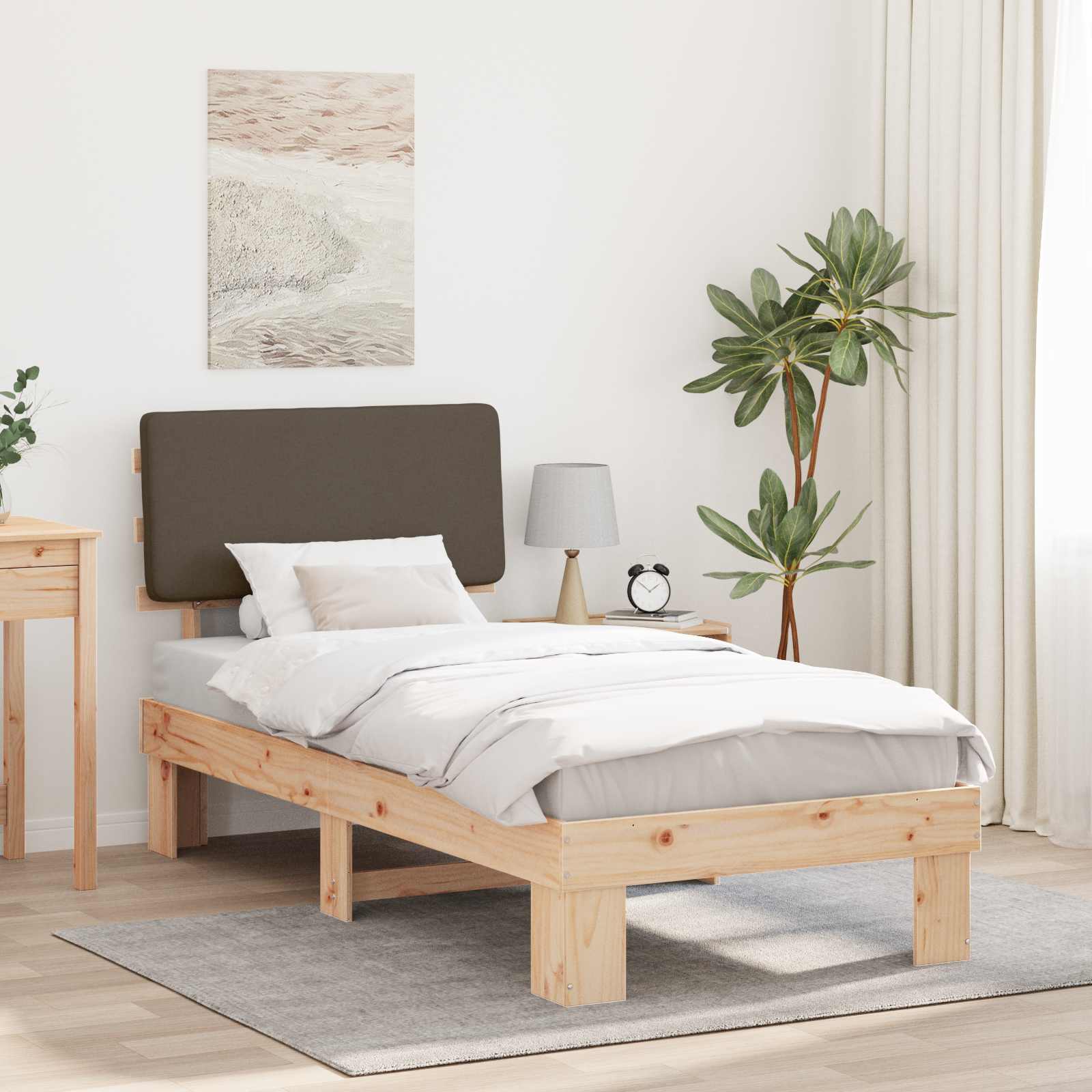 Sängram med Klädd Huvudgavel Taupe 100 x 200 cm Massiv furu