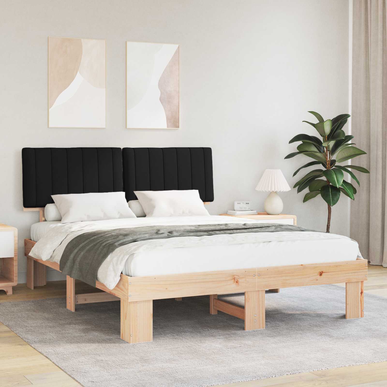 Sängram med Klädd Huvudgavel Svart 160 x 200 cm Massiv furu