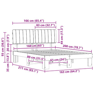 Sängram med Klädd Huvudgavel Svart 160 x 200 cm Massiv furu