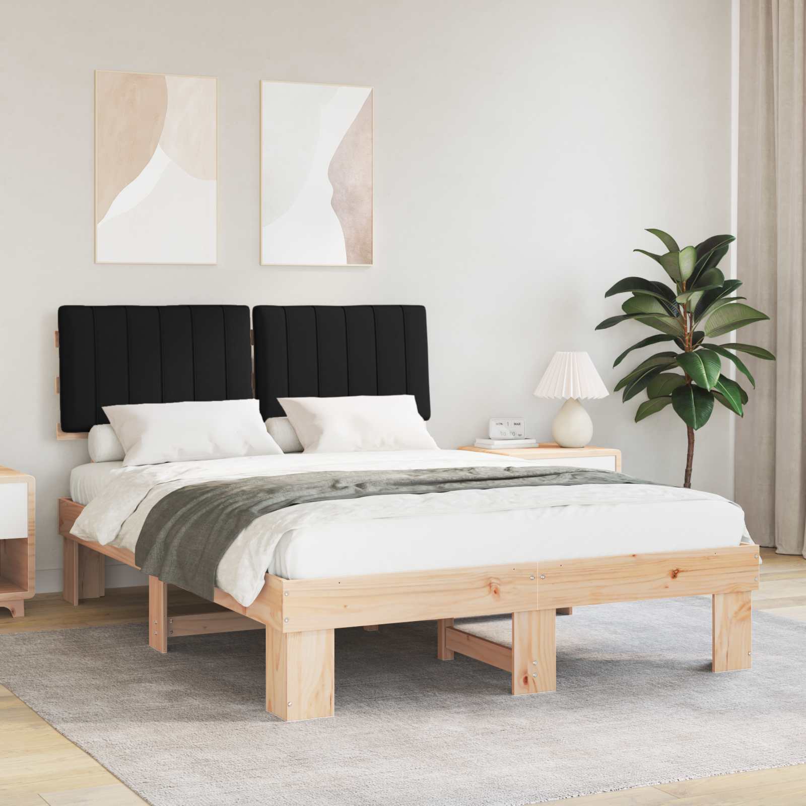 Sängram med Klädd Huvudgavel Svart 140 x 200 cm Massiv furu